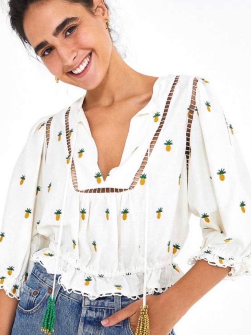 Farm Rio Pineapple Embroidered Linen Blend Crop Top XS Tropical Peplum